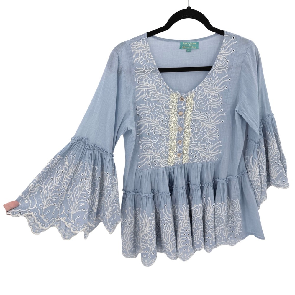 Antica Sartoria by Giacomo Cinque Blue Embroidered Beaded Bell Sleeve Blouse M